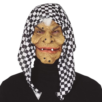 Máscara de bruxa em látex com lenço xadrez