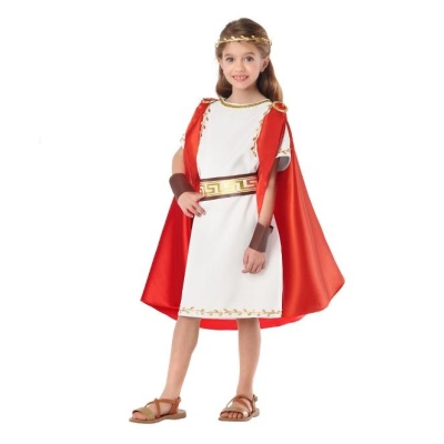 Traje romano infantil branco com manto vermelho e acessórios dourados e castanhos