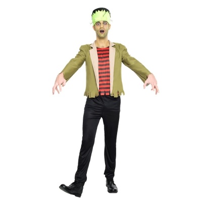 Fato de Carnaval de Frankenstein com casaco verde, t-shirt às riscas vermelhas e pretas, calças pretas e máscara verde.