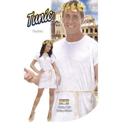 Disfarce de túnica branca com cinto dourado e coroa de folhas douradas em cena romana.