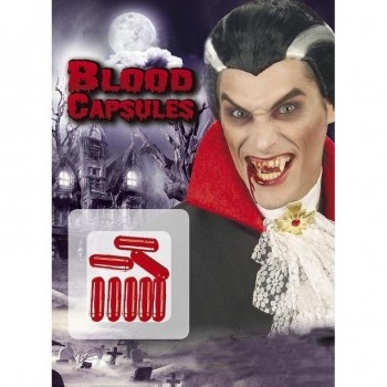 Pacote com cápsulas de sangue falsas e imagem de vampiro na embalagem