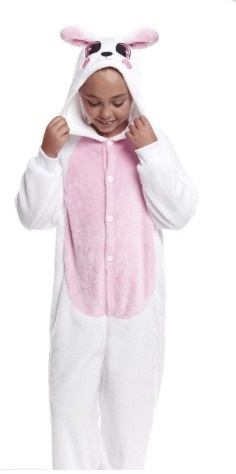 Pijama felpudo branco e rosa em criança com capuz de animal