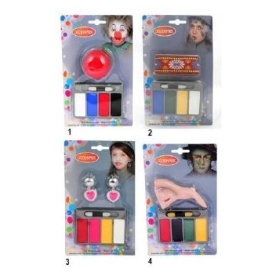 Quatro conjuntos de maquilhagem facial com acessórios em embalagem plástica sobre cartão colorido