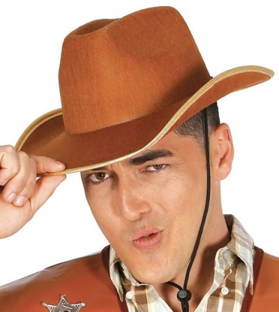 Homem com chapéu de cowboy castanho, colete castanho e camisa às riscas