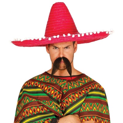 Homem com chapéu mexicano vermelho e poncho colorido geométrico