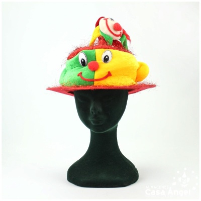 Chapéu colorido com carinha sorridente e boneco de palhaço no topo