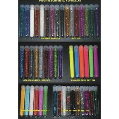 Tubos transparentes com purpurina colorida em várias cores e etiquetas em espanhol