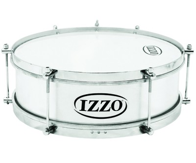 Tambor metálico prateado com pele branca e logo IZZO