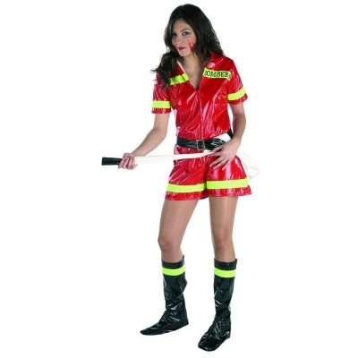 Roupa de bombeira vermelha com fitas amarelas e botas pretas