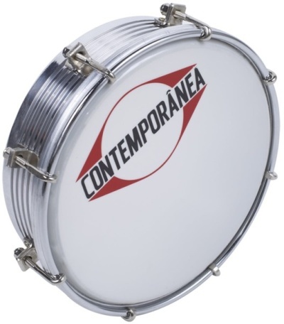 Pandeiro branco com aro metálico prateado e logo CONTEMPORÂNEA