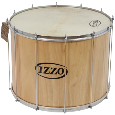 Tambor de madeira clara com pele branca e logótipo IZZO