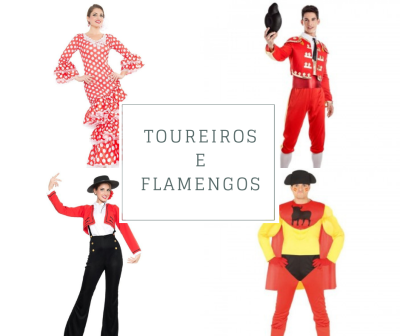Pessoas com trajes de toureiro e flamengo com texto central