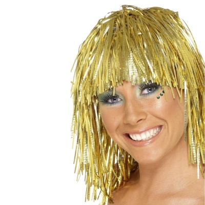 Peruca de ráfia com folhas metálicas
