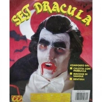 Embalagem de set Drácula com máscara e maquilhagem de vampiro em fundo vermelho com morcegos