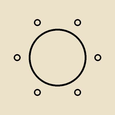 Símbolo circular com pequenos círculos à volta num fundo bege.