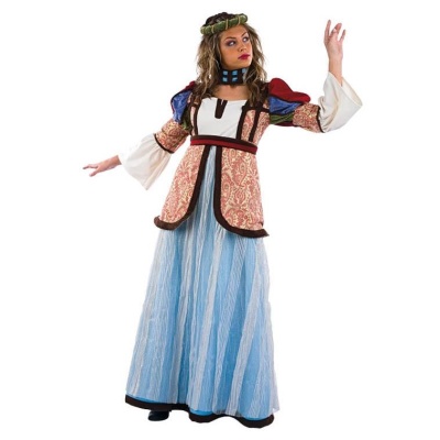 Fantasia de vestido longo com colete decorado e mangas bufantes