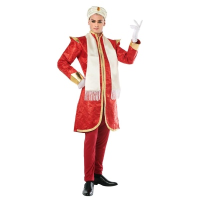 Fato tradicional vermelho com detalhes dourados e lenço branco para homem