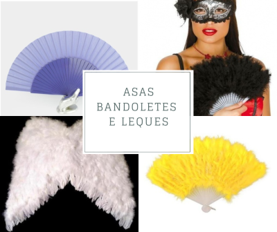 Colagem mostrando leques azul claro, preto e amarelo com penas, asas de penas brancas e uma mulher com máscara e vestido vermelho