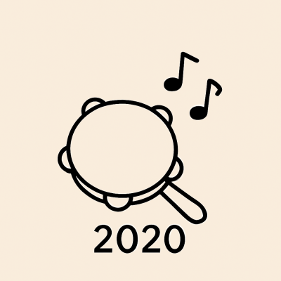 Desenho a preto de pandeireta com notas musicais e o texto 2020