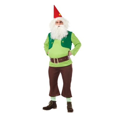 Homem com fantasia de duende verde e chapéu vermelho em fundo branco