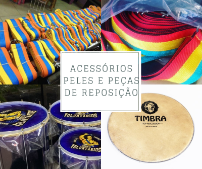 Quatro imagens de acessórios, fitas coloridas, tambores azuis com inscrições e pele de tambor TIMBRA.