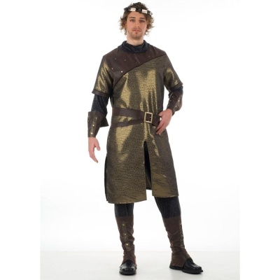 Traje medieval dourado e castanho para cavaleiro com coroa prateada