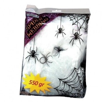 Pacote de teia de aranha branca decorativa com aranhas pretas e texto.