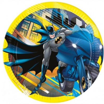 Prato plástico redondo com imagem do Batman a andar numa mota azul