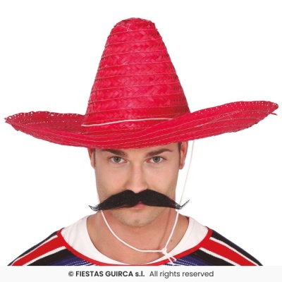 Homem com chapéu sombrero vermelho e bigode falso