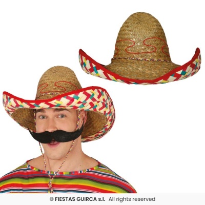 Sombrero de palha colorido com chapéu típico mexicano e bigode falso