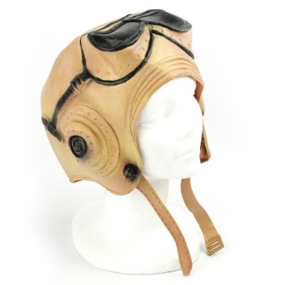 Capacete de piloto vintage em pele bege com detalhes pretos