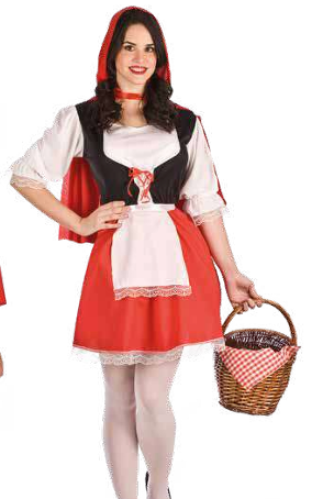 Mulher com fato de capuz vermelho segura cesta de verga