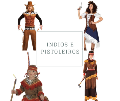 Quatro pessoas com fantasias de índio e pistoleiro em fundo branco com texto central