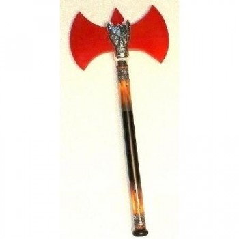 Machado decorativo com lâmina vermelha e cabo com padrão negro e amarelo