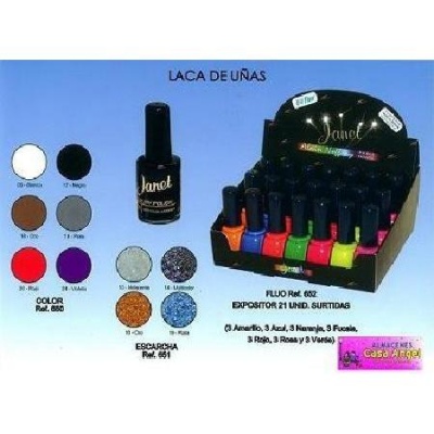 Expositor com vernizes de unhas coloridos Janet e amostras de cores