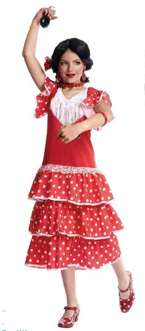 Pessoa com vestido vermelho de bolinhas brancas e castanholas