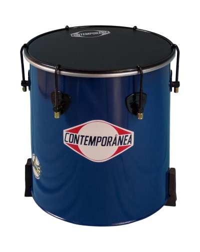 Tambor azul com pele preta e logótipo CONTEMPORÂNEA