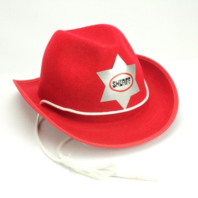 Chapéu de cowboy vermelho com estrela e texto SHERIFF