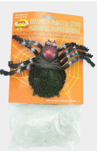 Aranha de monstro de Halloween preta e cinza com ventosa em embalagem laranja