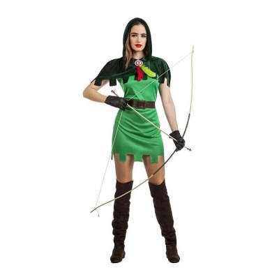 Fato feminino de Robin Hood verde com capa preta, cinto castanho, luvas pretas, botas castanhas e arco com flecha