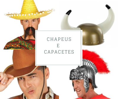 Quatro chapéus e capacetes variados, incluindo chapéu mexicano, capacete viking, chapéu cowboy e capacete romano.