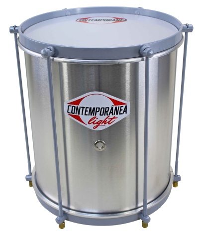 Tambor prateado com armações cinza e pele branca com texto CONTEMPORÂNEA
