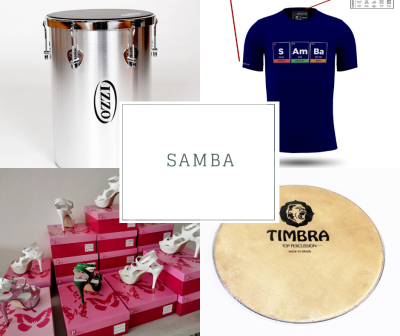 Colagem de produtos relacionados com samba: tambor IZZO, t-shirt azul SAMBA, sapatos brancos em caixas cor-de-rosa, pele de tambor TIMBRA.