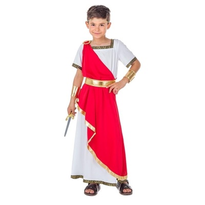Menino vestido com fantasia romana branca e vermelha com detalhes dourados, segurando uma espada de brinquedo