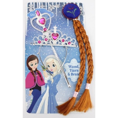 Conjunto princesa, tiara, varinha e rabo de cavalo com tranças