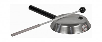 Agogô metálico prateado com baqueta e cabo preto