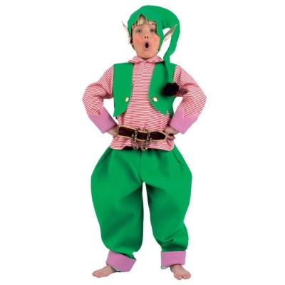 Fato de duende verde e vermelho com gorro usado por criança