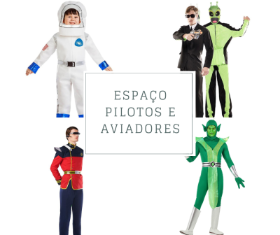 Quatro fatos de fantasia para crianças com tema de espaço, pilotos e aviadores e um cartaz central com texto.