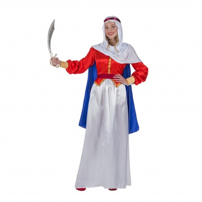 Fato de princesa árabe para mulher com vestido branco, vermelho, azul e dourado, lenço e espada