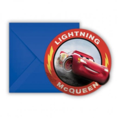 Convite redondo com personagem Lightning McQueen e tampa azul